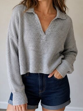Kaisley Gray Collared Knit Sweater XXL Oversized Cozy V-Neck Pullover,wool blend